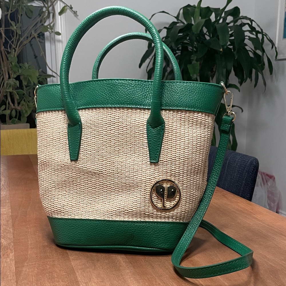 Persaman New York Straw & Green Leather Trim Tote